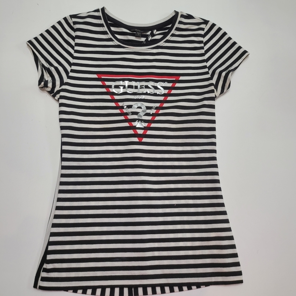 Guess Jeans Top Black White  Striped Open Back TShirt Short Sleeve Size S Vintag